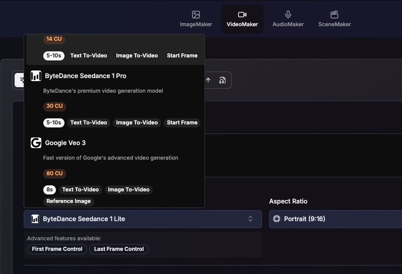 AI model selection interface